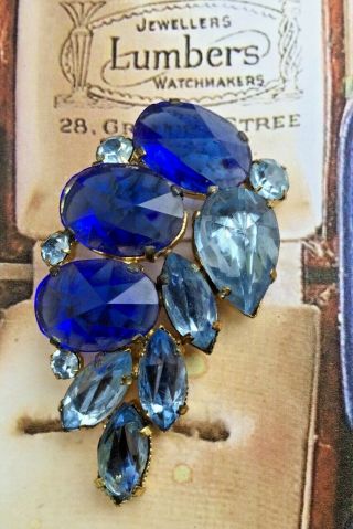 Vintage Costume Jewellery Brooch Cascading Saphire And Pale Blue Crystal 1950’s