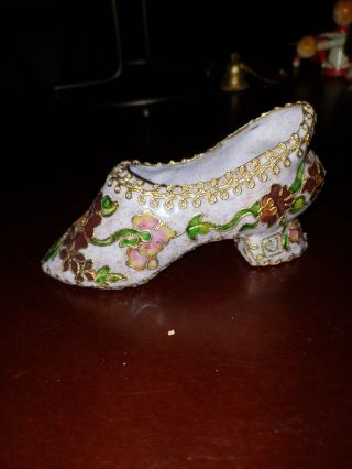 Vintage Cloisonne Victorian High Heel Shoe Christmas Ornament Floral Design Gray