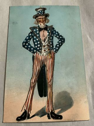 Vintage Fourth Of July Postcard - Tall Uncle Sam - Glitter Decoration