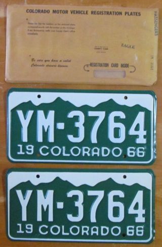 Colorado 1966 Eagle County License Plate Pair & Envelope - Ym - 3764