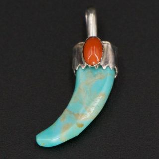Vtg Sterling Silver Navajo Coral & Turquoise Stone Bear Claw Pendant - 1.  5g