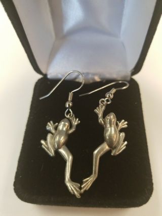 Vintage Pewter Frog Dangle Earrings By Jim Clift