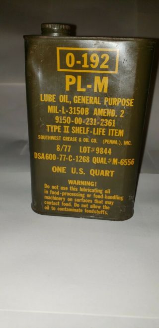Vintage Military 0 - 192 Mil - M Lube Oil Can Lubricant One Quart Can