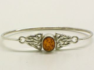 Vintage Sterling Silver Amber Celtic Hook Bracelet Bangle