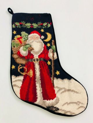 Vintage Hand Made Christmas Needlepoint Stocking Santa