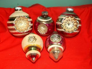 5 Vintage Shiny Brite Christmas Ornaments Striped Double Indent Mica