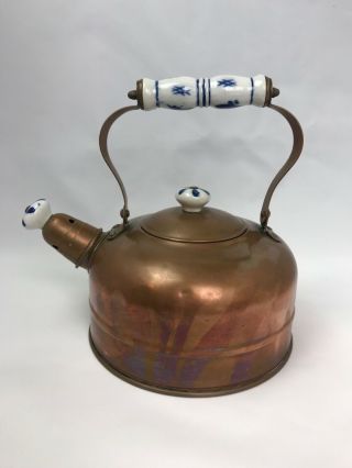 Vintage Copper Tea Kettle With Porcelain Blue And White On Handle,  Top And Spout