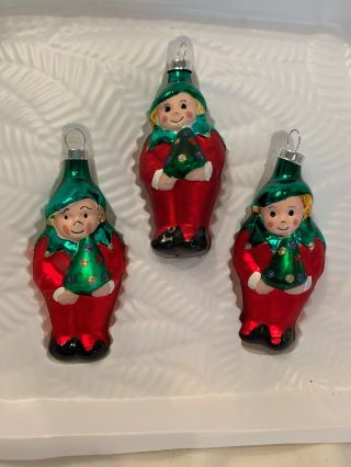 Vintage Santa’s Elves Elf Gnome Pixie Ornaments Blown Glass Box Of 3 By Bradford