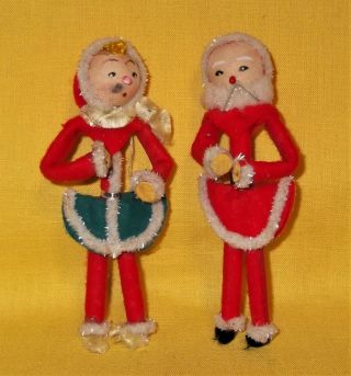 Set 2 Vintage Japan Christmas Santa & Mrs.  Claus Pixie Figure Ornaments