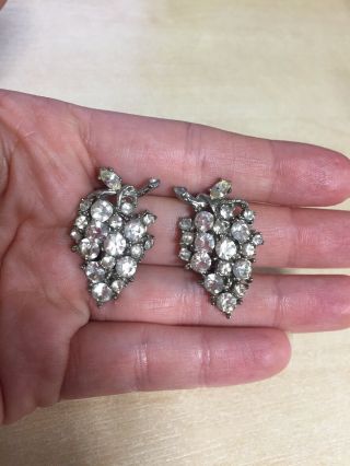 Large Vintage Grape Crystal Diamanté Silver Tone Clip On Earrings Art Deco Paste