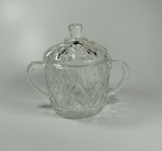 Vtg Pressed Clear Glass Sugar Bowl W Lid 2 Handles Diamond Design Anchor Hocking
