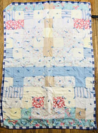 Vintage Handmade Baby Quilt Blanket Floral Hand Knot 33 X 48 Inches 1940s