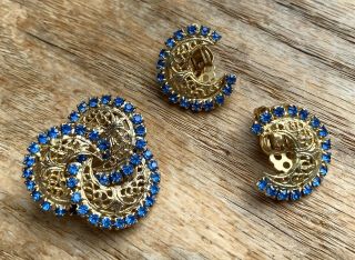 Vintage Blue Rhinestone Filigree Pin And Earring Set 2