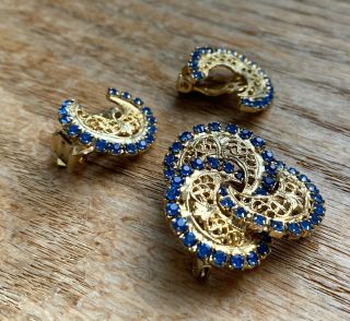 Vintage Blue Rhinestone Filigree Pin And Earring Set 3