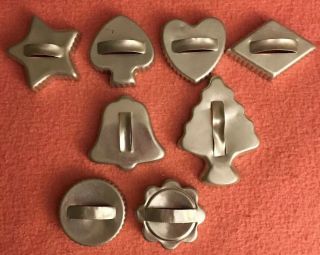 8 Vntg 50s Aluminum Cookie/sandwich/biscuit Cutters W Handle Star Bell Tree Etc