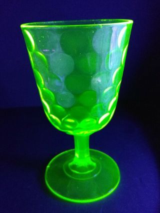 5.  5 " Vaseline Uranium Green Depression Glass Stemmed Water Goblet Vintage