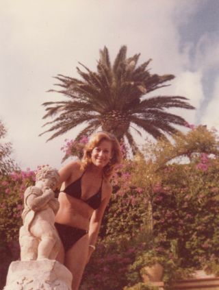 Vintage Photo Sexy Woman In Black Bathing Suit Posing With Statue Snapshot