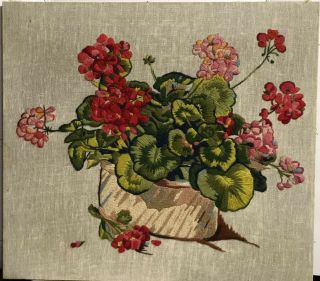 Vintage Crewel Embroidery Completed Basket Of Flowers Begonia 20x18