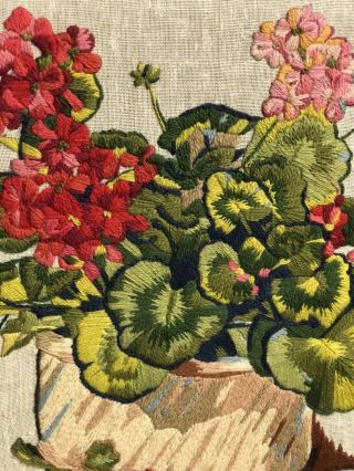 Vintage Crewel Embroidery Completed Basket Of Flowers Begonia 20x18 2