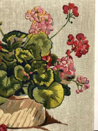 Vintage Crewel Embroidery Completed Basket Of Flowers Begonia 20x18 3