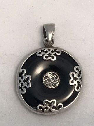 Vintage Chinese Black Onyx Disc Sterling Silver.  925 Pendant