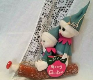 Vintage Felt Made In Japan Christmas Ornament Mushroom Elves On Log