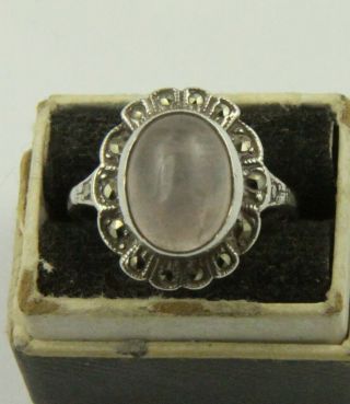 Vintage Sterling Silver Marcasite And Rose Quartz Cabochon Ring