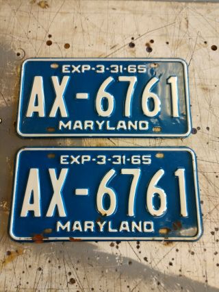 Maryland 1964 / 1965 License Plate Pair - Quality Tag Ax - 6761