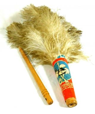 Vintage Ostrich Feather Duster Washable Wooden Handle Old Cartoon Label