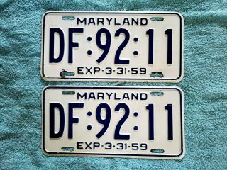 Gr8 1959 Pair Maryland License Plate Tag Number Df 92 11 Vintage Md