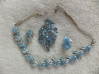 Vintage Costume Jewelry Blue Enamel Necklace,  Brooch & Earrings