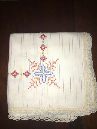 Vintage Hand Embroidered Tablecloth With Crocheted Edges