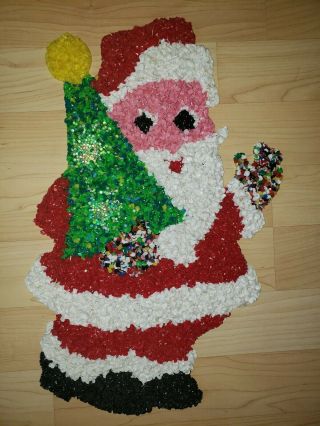Vintage Christmas Melted Plastic Popcorn Decoration Santa With Tree
