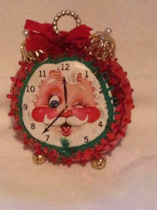 Vintage 1960s Handcrafted Sequins/beads Santa Clock Christmas Tree Ornament
