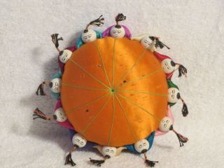 Big Vintage Chinese Silk Pin Cushion With 12 Little Pony Tail Kids