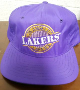 Vtg 90’s Los Angeles Lakers Unitel Strapback Hat Purple Nylon Cap Nba Magic Kobe