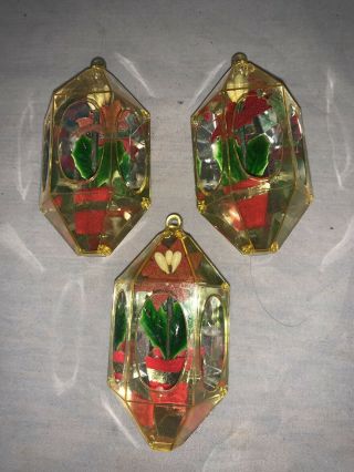 Vintage Gold Jewel Brite Christmas Tree Prism Diorama Poinsettia,  Set Of 3