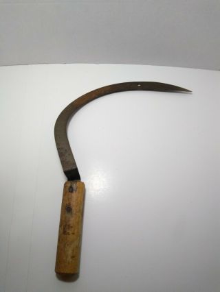 Vintage Scythe Sickle Primitive Farm Tool Curved Blade Wood Handle Halloween