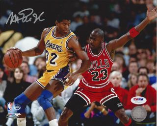 Magic Johnson Lakers Signed " Versus Michael Jordan " 8x10 Color Photo - Psa/dna