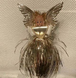 Vintage 1950’s Christmas Tree Topper Gold Angel With Fancy Fringe Tinsel