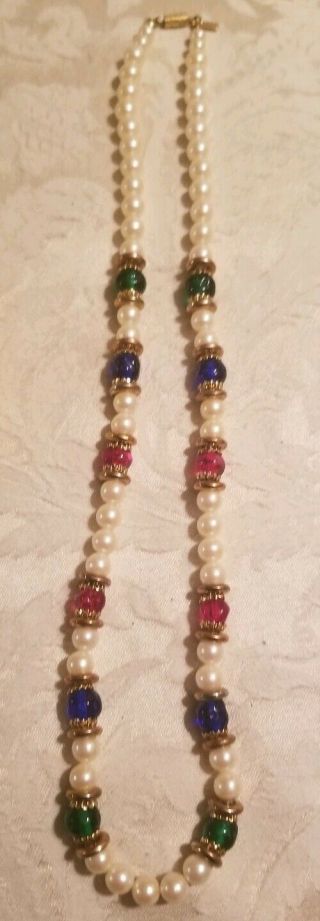 Vintage 1928 Art Deco Style Jeweled Glass & Pearl Beads Necklace 24 "