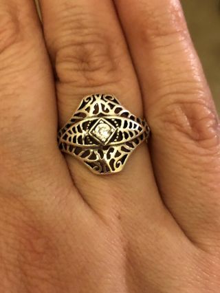 Vintage Sterling Silver Solitaire Filigree Ring Size 7 Stamped 925 Avon W/diamo
