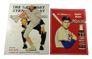 Ted Williams Moxie & Saturday Evening Post 100 Years Of Baseball Metal Signs