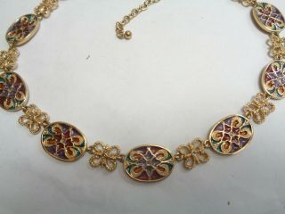 Vintage Gold Tone Oval & Flower Link Multi Color Enamel Floral Link Necklace