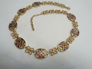 Vintage Gold tone Oval & Flower Link Multi Color ENAMEL Floral Link Necklace 2
