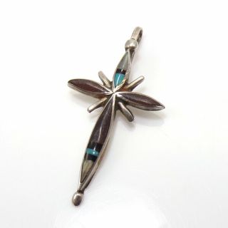 Vtg 0.  7gr Native American Sterling Silver Blue Turquoise Inlay Cross Pendant Zp