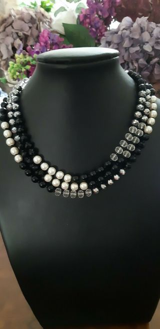 Vintage Art Deco Jet Black Glass,  Pearl & Crystal Bead Long Length Necklace
