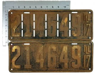 Illinois 1917 Pair Old License Plate Garage Car Tag Man Cave Vtg Slotted Long