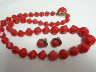 Vintage Signed W Germany Faceted Cut Red Plastic Beaded Necklace & Earrings