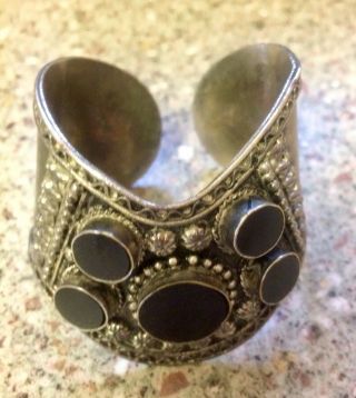 Lovely Vintage Art Deco Silver Cuff Bangle With Black Stones